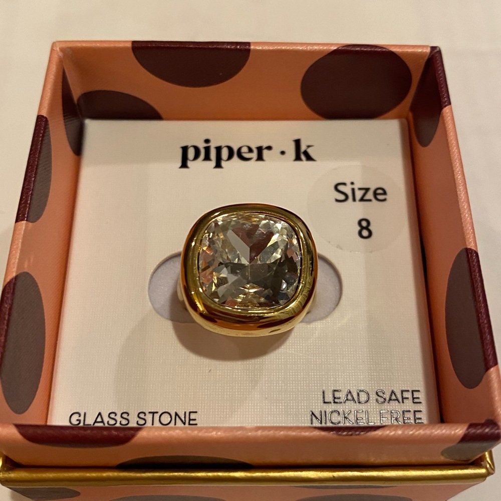 Piper K gold plated ring square shape large clear deep blue glass stone size
